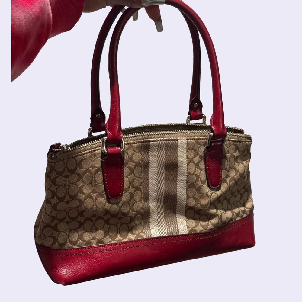 Coach Signature Monogram Shoulder Bag Brown Khaki Red Leather Trim Y2K Legacy - Picture 5 of 7